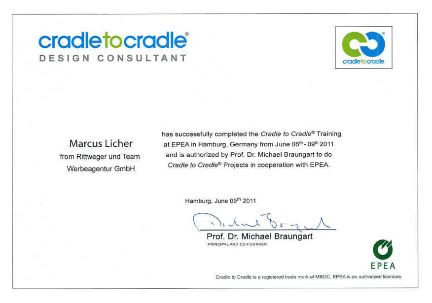 Zertifikat Cradle-to-Cradle Design® Consultant von der Werbeagentur RITTWEGER + TEAM