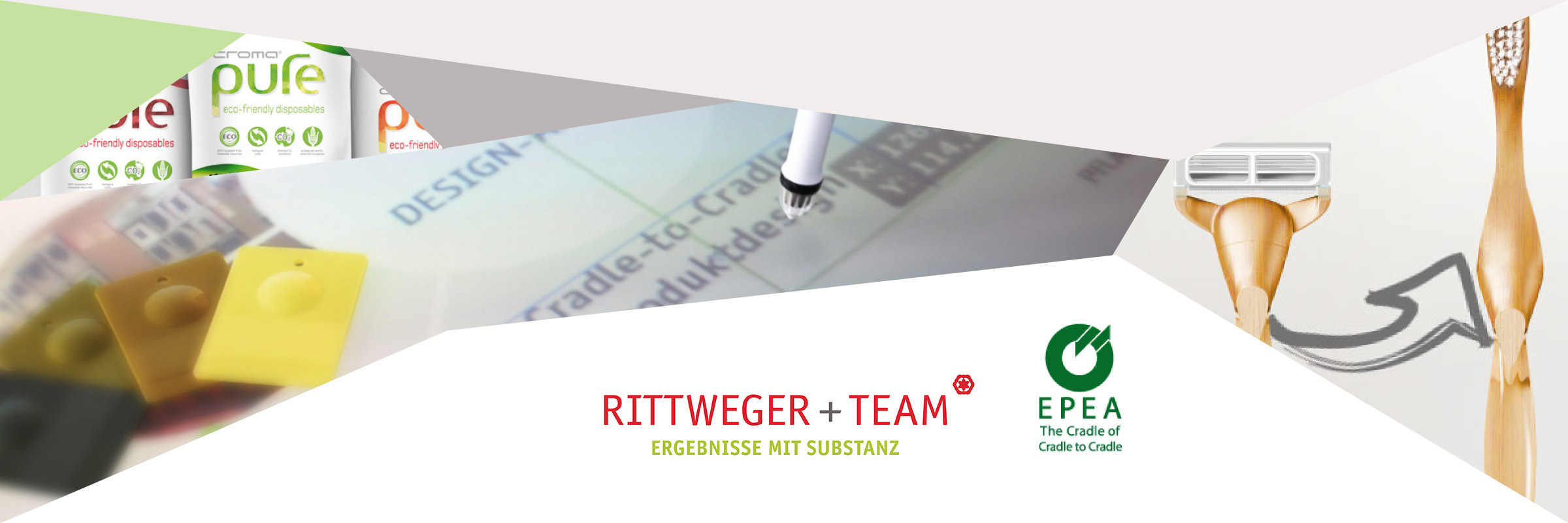 Banner mit RITTWEGER + TEAM Logo und EPEA-Partnerschaft, flankiert von Motiven zu nachhaltigem Produktdesign wie Verpackungen, Designskizzen und einer Bambuszahnbürste.