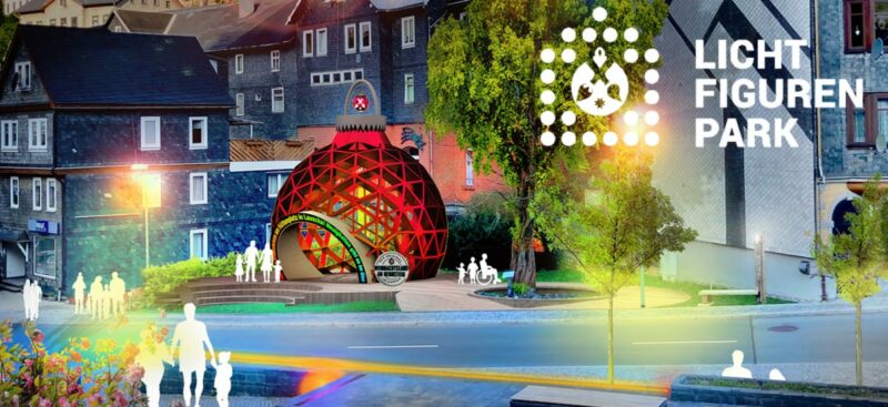 3D-Visualisierung der Experience Architektur für den Lichtfigurenpark des Weihnachtslands am Rennsteig als Teil der erlebbaren Geburtsstätte der Christbaumkugel