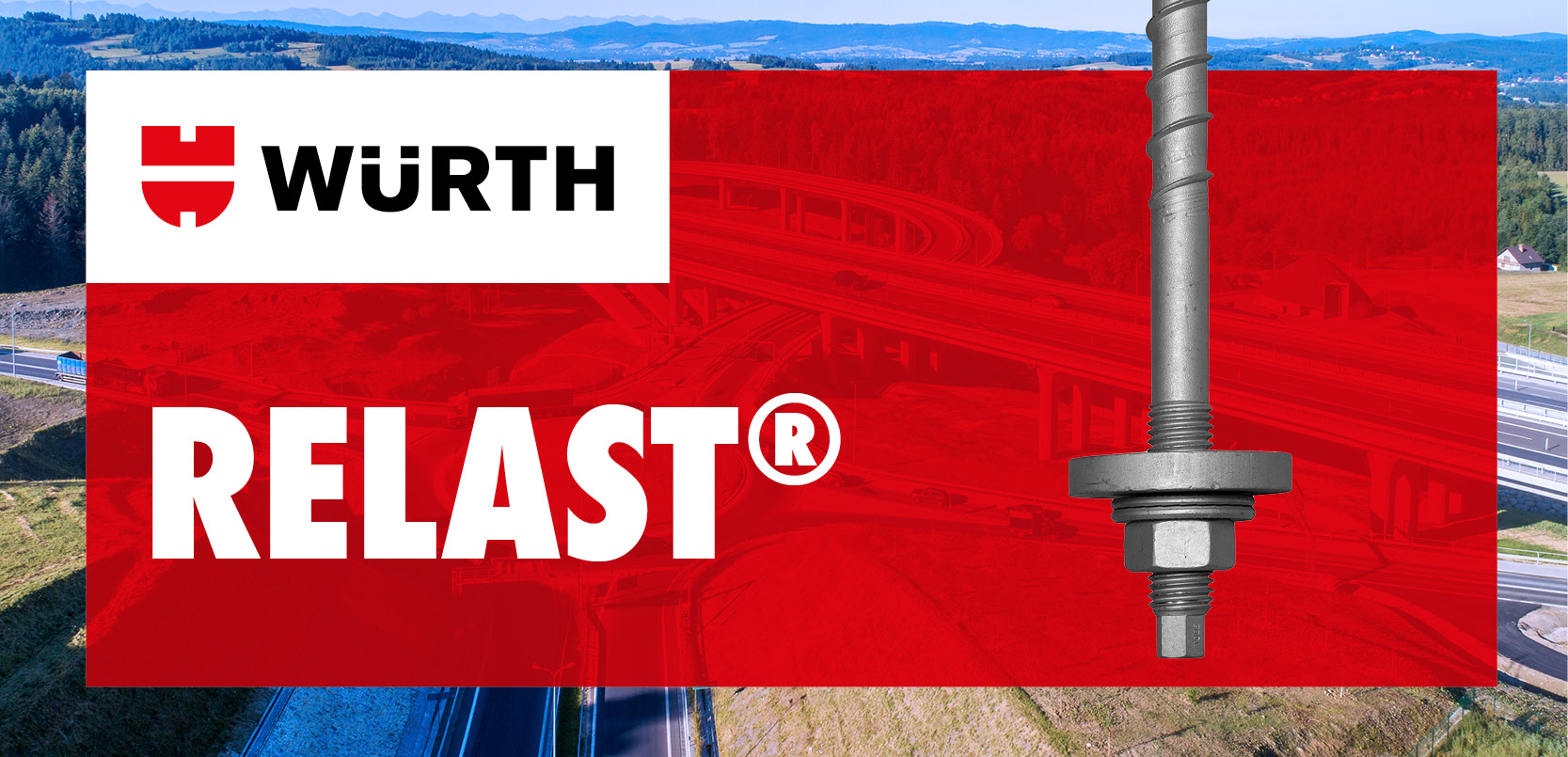 Würth Gruppe_Relast Werbegrafik für Würth RELAST® mit Darstellung eines Befestigungselements vor einer Verkehrsinfrastruktur mit Brücken und Kreisverkehr.