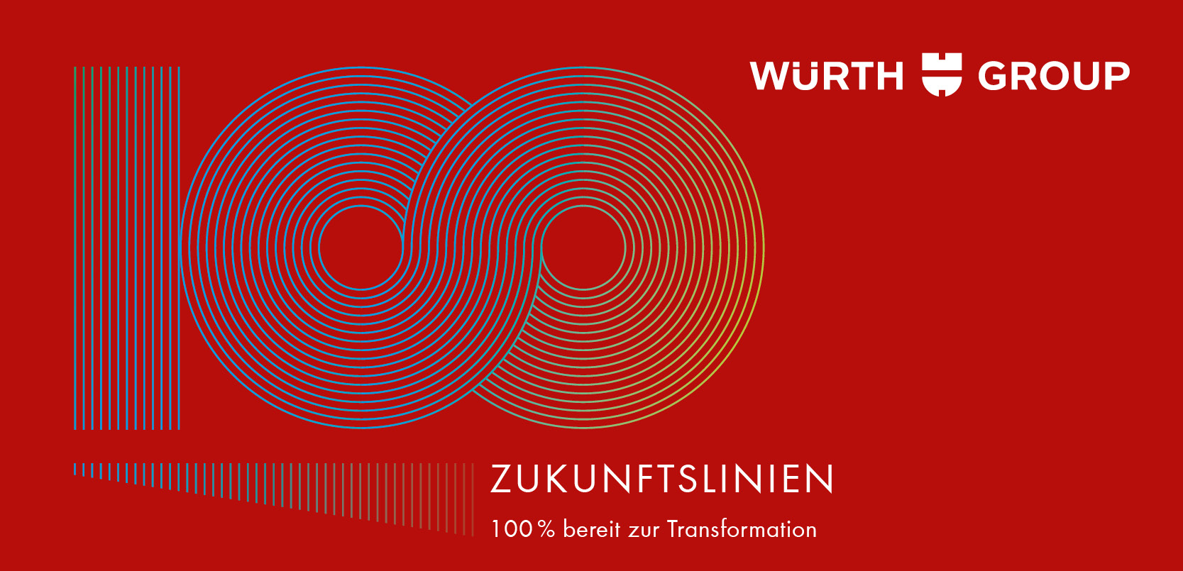 Grafik der Würth Group mit dem Titel „Zukunftslinien – 100 % bereit zur Transformation“, dargestellt durch abstrakte, ineinanderlaufende Linien auf rotem Hintergrund.