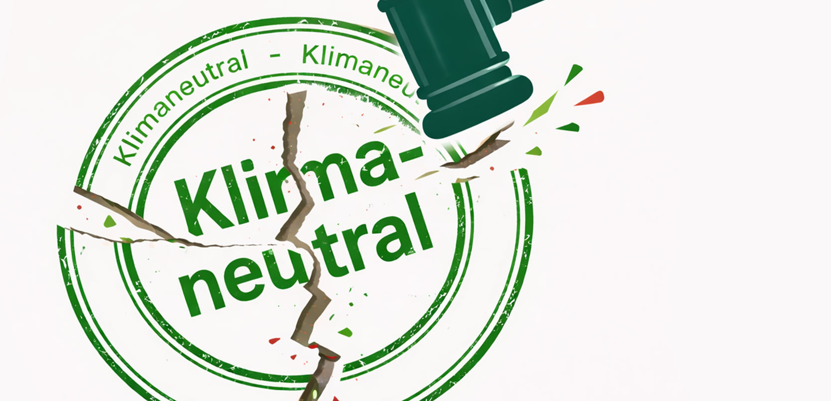 Ein Siegel "Klimaneutral" wird durch einen Hammer zertrümmert. Sinnbildlich für den Green Claims Check.