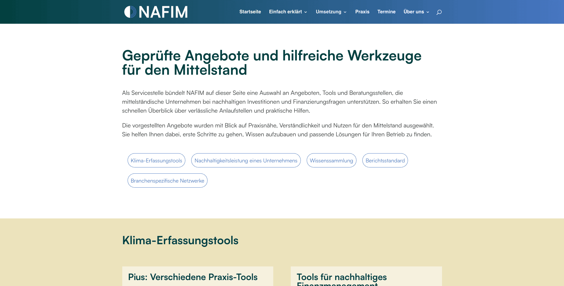 Screenshot der Website der Servicestelle NAFIM