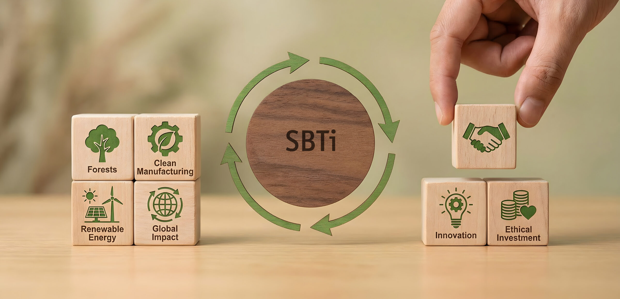 SBTi 2.0 Holzwürfel mit Nachhaltigkeitssymbolen wie Wälder, erneuerbare Energien, saubere Produktion und globaler Impact stehen neben einem zentralen Kreis mit der Aufschrift „SBTi“, umgeben von Pfeilen im Kreislauf; rechts werden Würfel mit Innovation und ethischen Investitionen gestapelt.