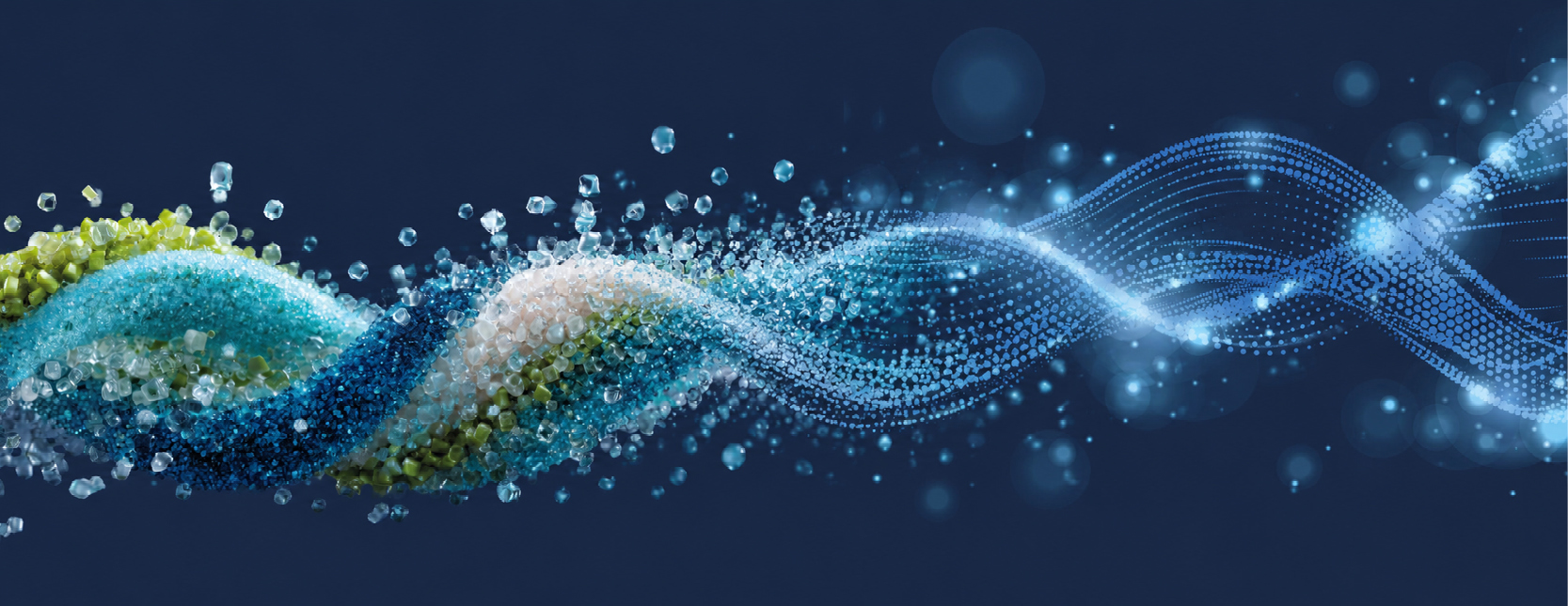 Abstrakte Darstellung von Polymergranulat, das sich von realen Partikeln in eine digitale, wellenförmige Datenstruktur verwandelt