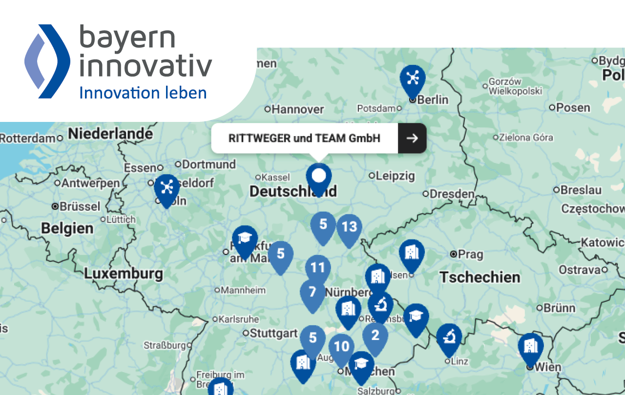 Partnerlandkarte Material von Bayern Innovativ mit Eintrag von RITTWEGER + TEAM im Cluster Neue Werkstoffe