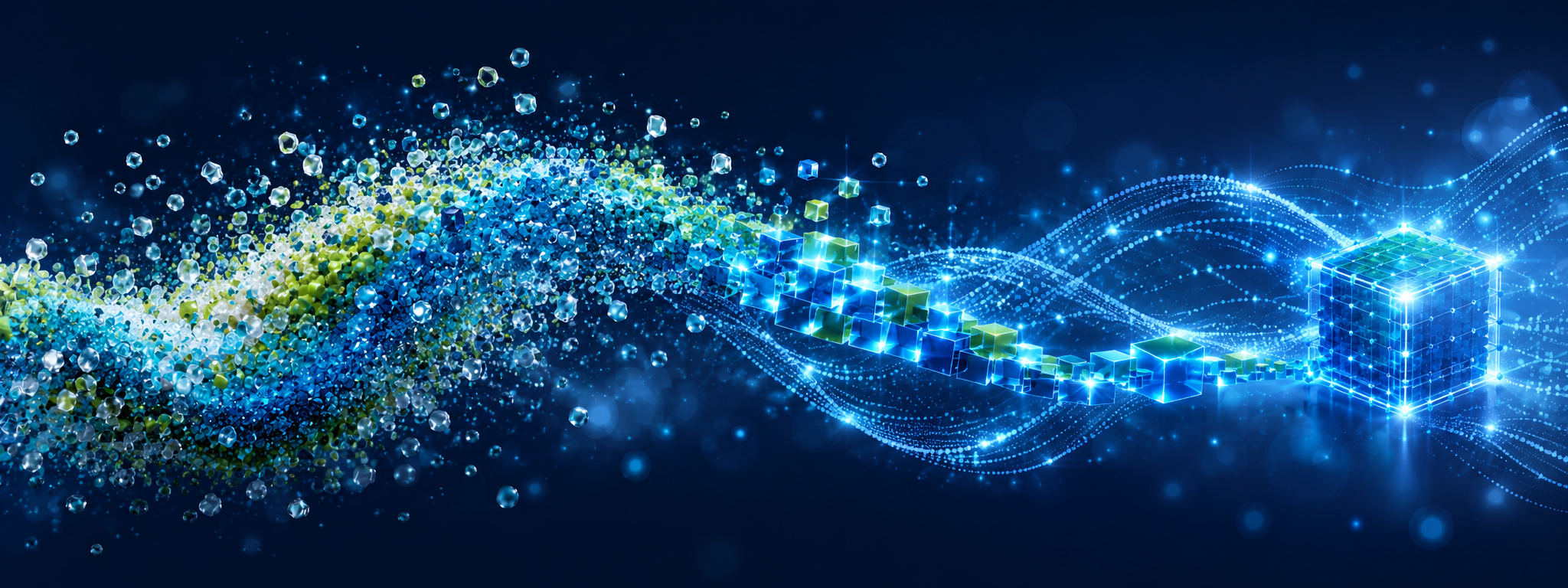 rittweger-und-team-kiltax Abstrakte Darstellung von Polymergranulat, das sich von realen Partikeln in eine digitale, wellenförmige Datenstruktur verwandelt