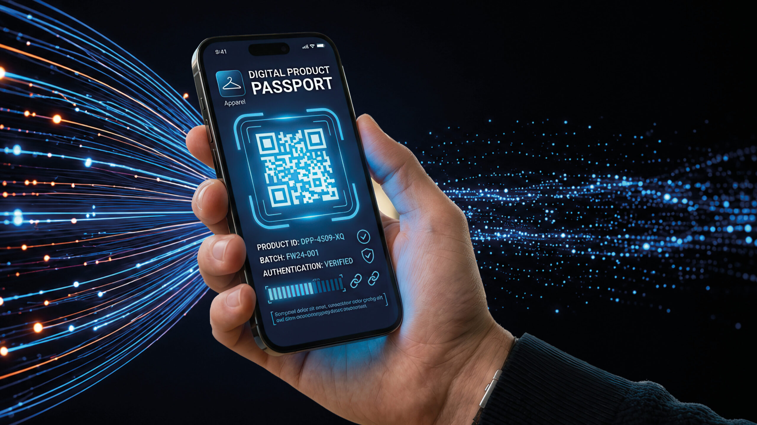 Visualisierung eines digitalen Produktpasses auf Laptop und Smartphone mit Materialdaten, QR-Code und Nachhaltigkeitskennzahlen wie Recyclinganteil, Recyclingfähigkeit und erneuerbarer Energie.