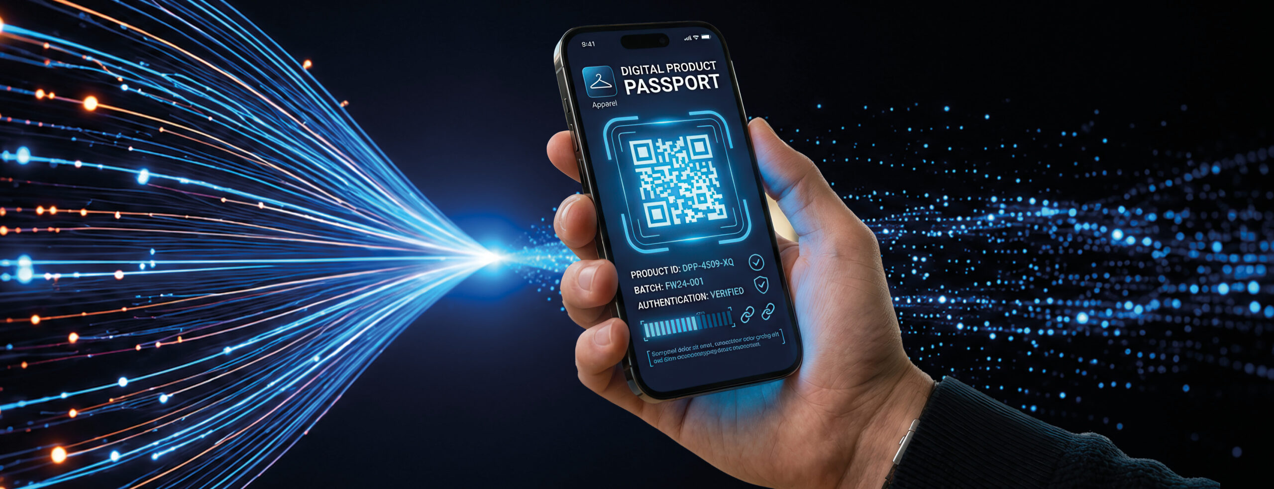 Visualisierung eines digitalen Produktpasses auf Laptop und Smartphone mit Materialdaten, QR-Code und Nachhaltigkeitskennzahlen wie Recyclinganteil, Recyclingfähigkeit und erneuerbarer Energie.