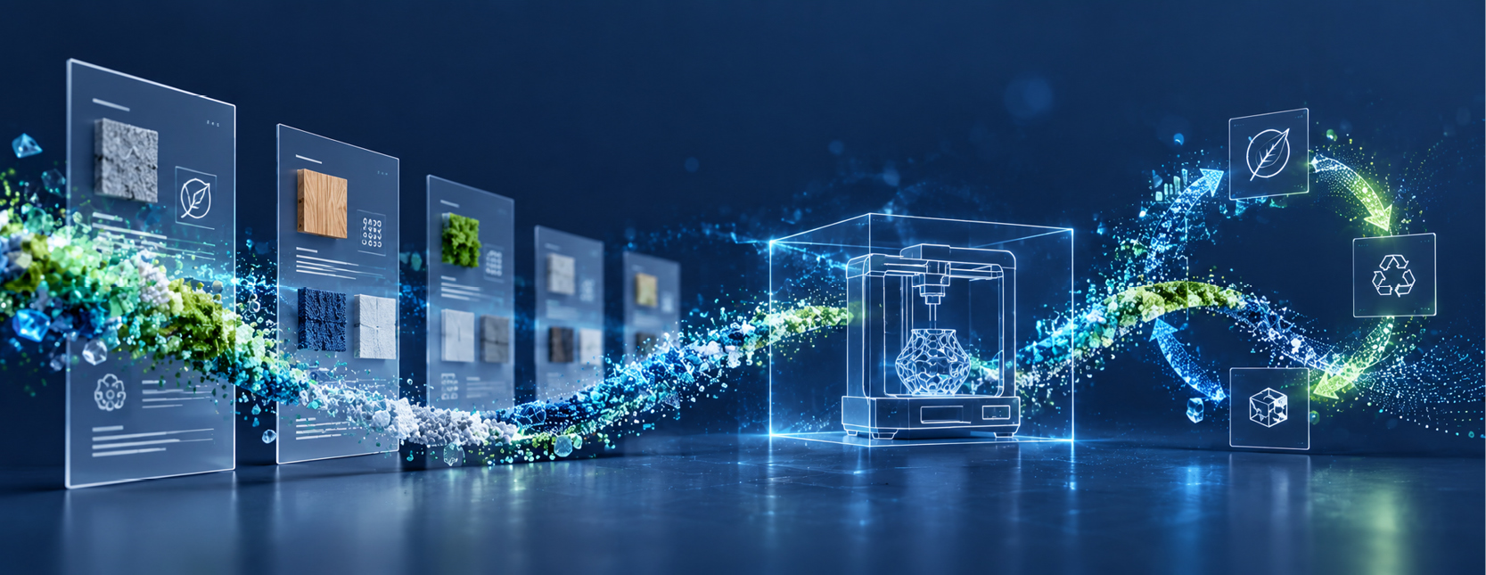 RITTWEGER und TEAM zertifiziertes Forschungsunternehmen für zirkuläre Innovationen Keyvisual Blau-grüne Partikelströme verbinden digitale Materialkarten, einen 3D-Drucker als Drahtmodell und schwebende Blatt-, Recycling- und Würfelsymbole.