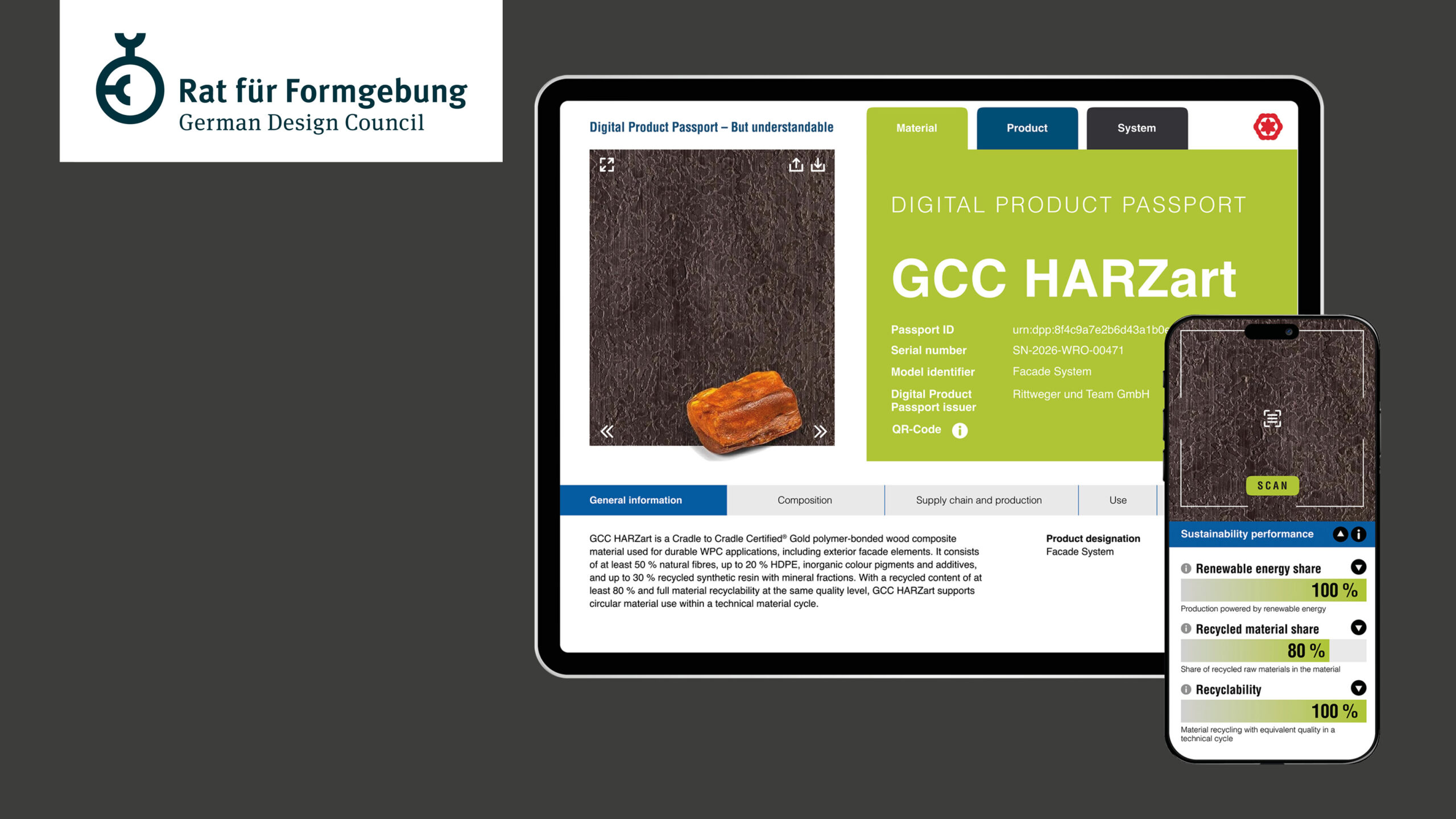 Visualisierung eines digitalen Produktpasses auf Laptop und Smartphone mit Materialdaten, QR-Code und Nachhaltigkeitskennzahlen wie Recyclinganteil, Recyclingfähigkeit und erneuerbarer Energie.