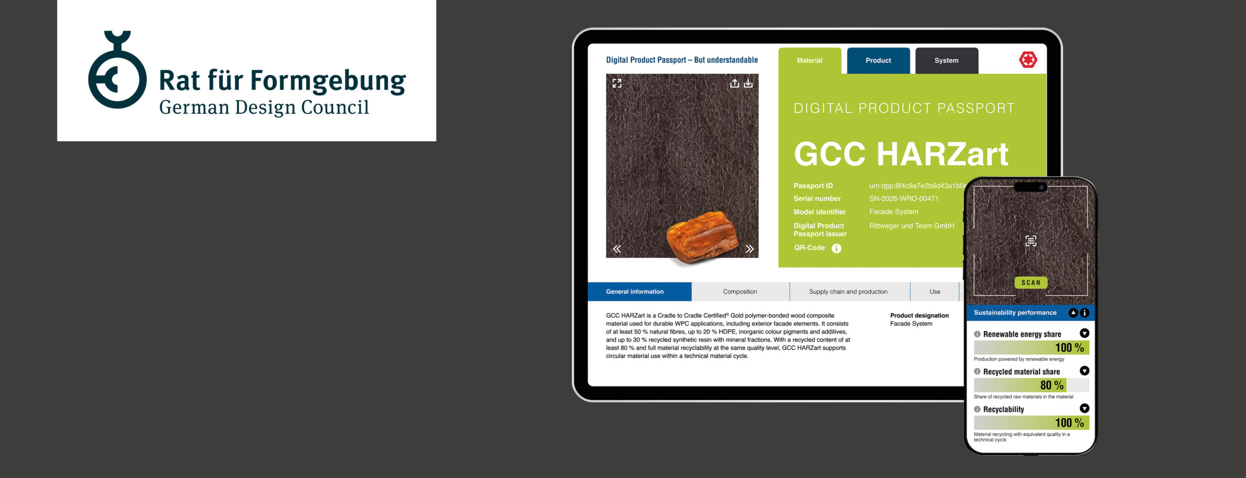Rat für Formgebung_Ansicht Visualisierung eines digitalen Produktpasses auf Laptop und Smartphone mit Materialdaten, QR-Code und Nachhaltigkeitskennzahlen wie Recyclinganteil, Recyclingfähigkeit und erneuerbarer Energie.